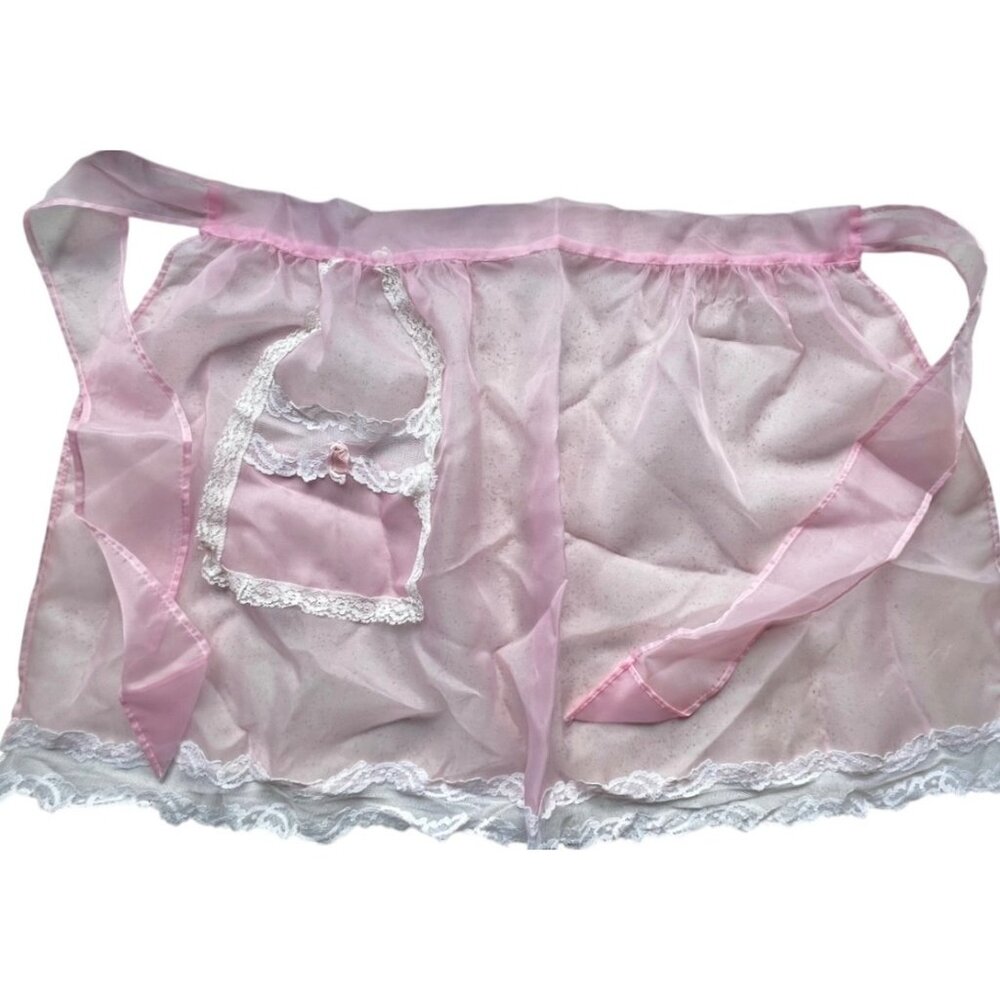 Half Apron With Lace Trim & Pocket vintage pink Sheer Chantilly Lace Trim